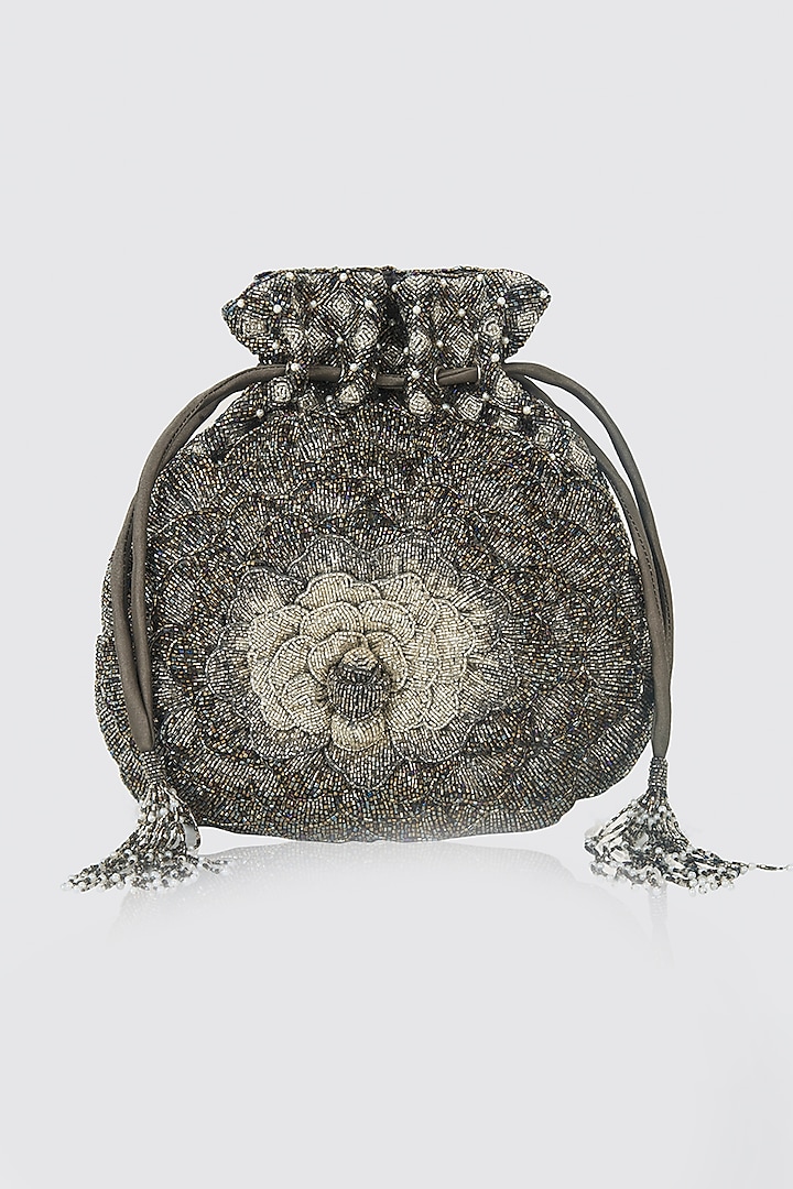 Silver & Grey Hand Embroidered Potli by Doux Amour