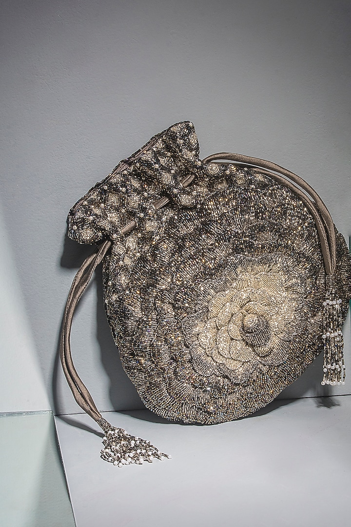 Silver & Grey Hand Embroidered Potli by Doux Amour at Pernia's Pop Up Shop
