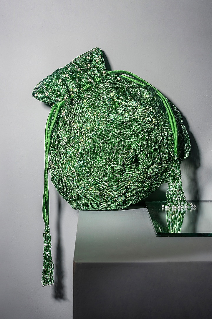 Green Hand Embroidered Potli by Doux Amour at Pernia's Pop Up Shop