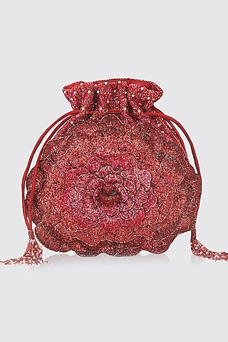 Red Hand Embroidered Potli by Doux Amour