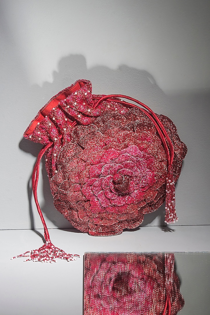Red Hand Embroidered Potli by Doux Amour at Pernia's Pop Up Shop