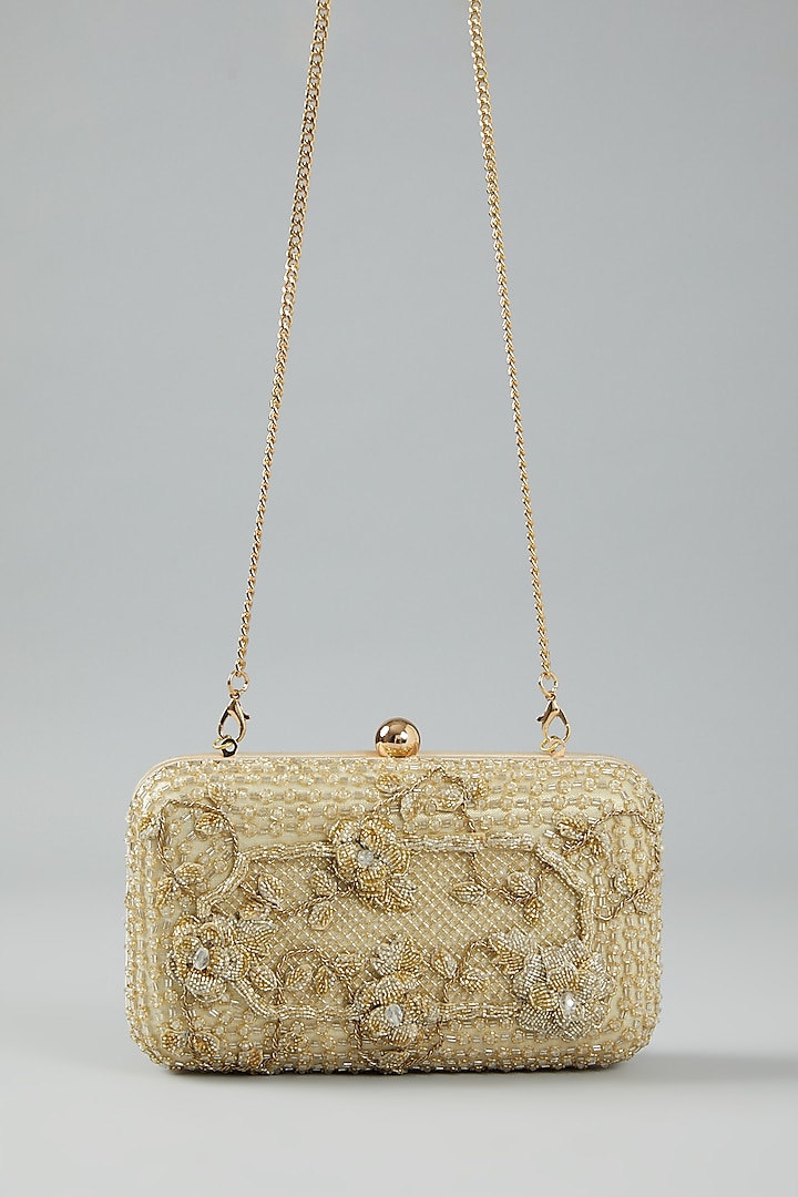Gold Silver Embellished Clutch Bag by Doux Amour