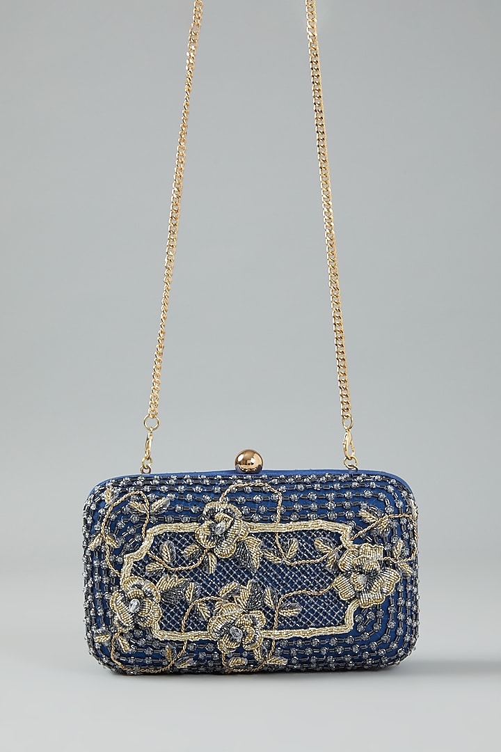 Navy Blue Embellished Clutch Bag by Doux Amour at Pernia's Pop Up Shop