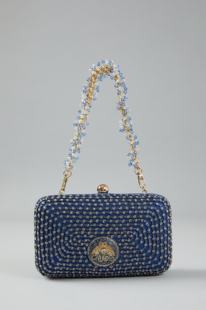 Navy Blue Embellished Clutch Bag by Doux Amour at Pernia's Pop Up Shop