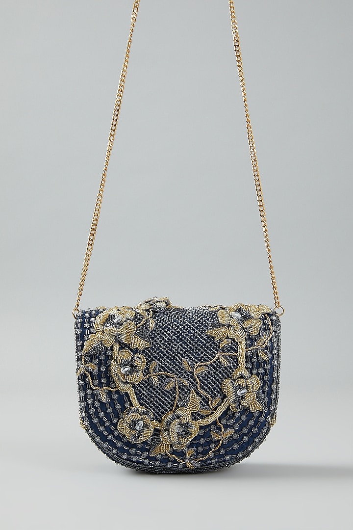 Navy Blue Faux Suede Embellished Clutch Bag by Doux Amour