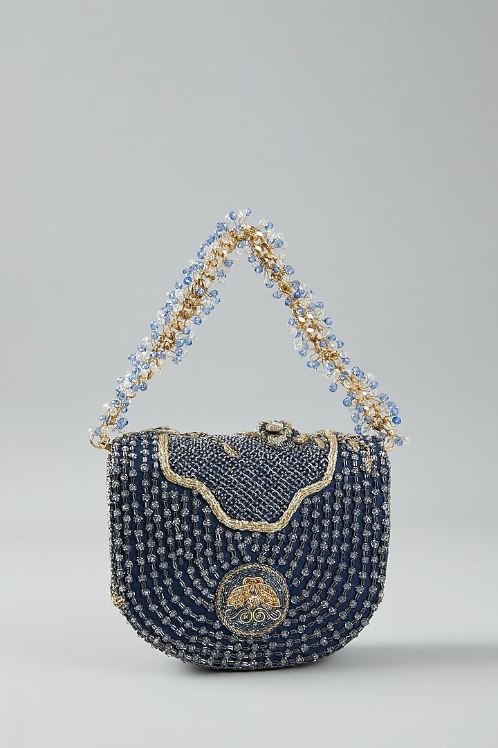 Navy Blue Faux Suede Embellished Clutch Bag by Doux Amour at Pernia's Pop Up Shop