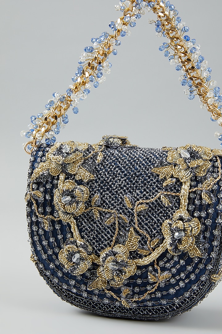 Navy Blue Faux Suede Embellished Clutch Bag by Doux Amour at Pernia's Pop Up Shop
