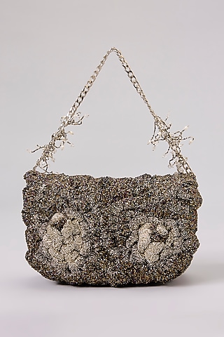 Silver Poly Satin Japanese Bugle Bead Hand Embroidered Clutch by Doux Amour