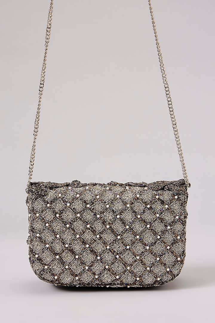 Silver Poly Satin Japanese Bugle Bead Hand Embroidered Clutch by Doux Amour at Pernia's Pop Up Shop