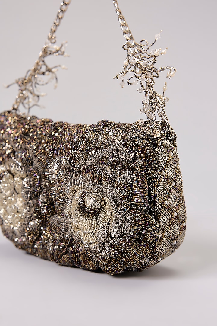 Silver Poly Satin Japanese Bugle Bead Hand Embroidered Clutch by Doux Amour at Pernia's Pop Up Shop