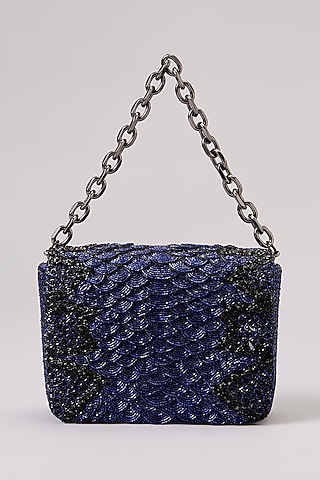 Blue Poly Satin Japanese Bugle Bead Hand Embroidered Clutch by Doux Amour