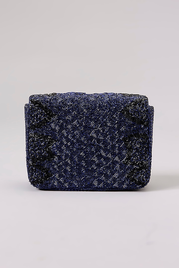 Blue Poly Satin Japanese Bugle Bead Hand Embroidered Clutch by Doux Amour at Pernia's Pop Up Shop