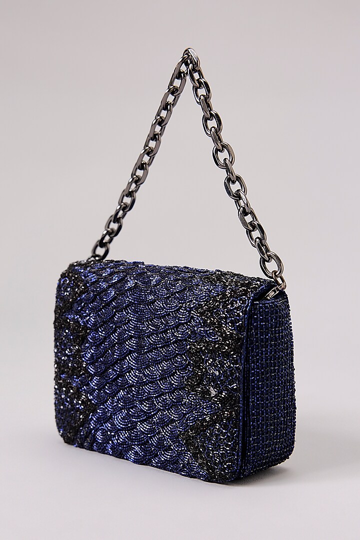 Blue Poly Satin Japanese Bugle Bead Hand Embroidered Clutch by Doux Amour at Pernia's Pop Up Shop