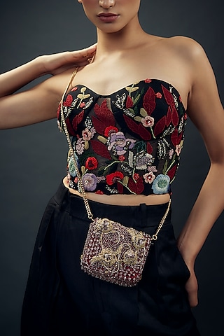 Ruby-Colored Sheer Silk organza Glass Crystal Work Handcrafted Sling Bag by Doux Amour