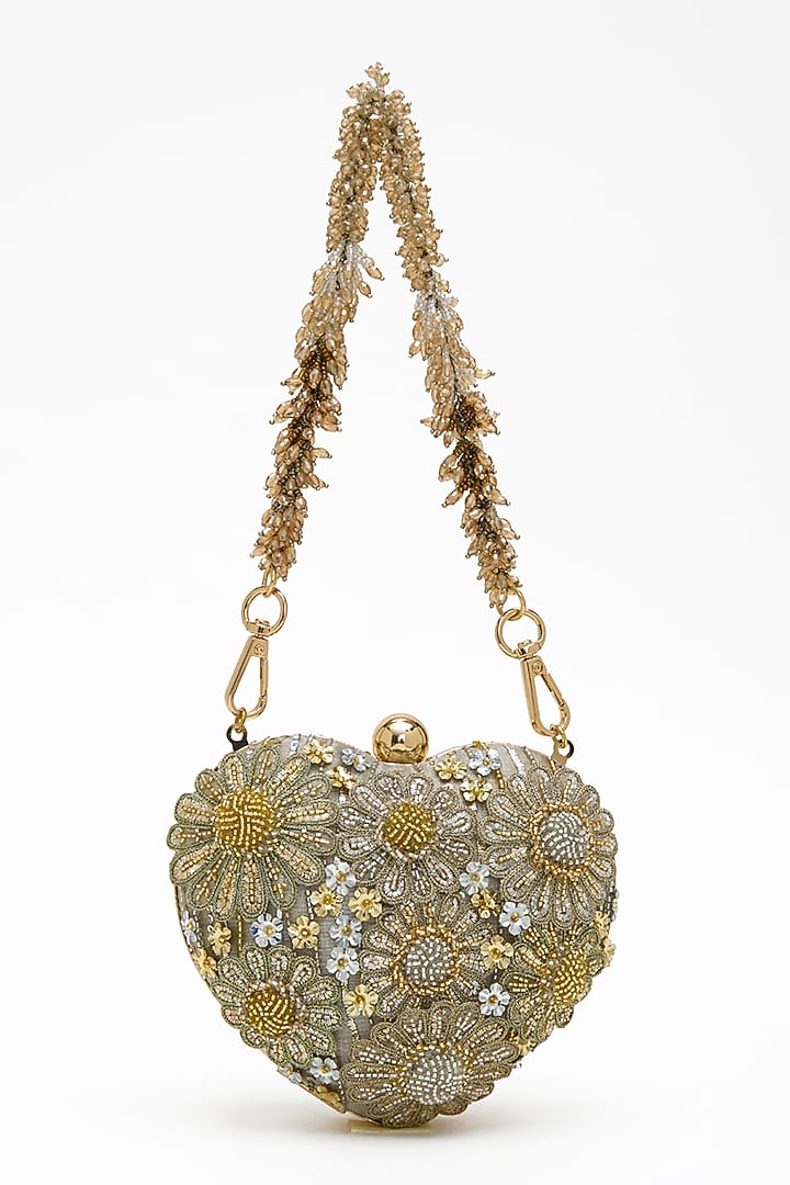 Gold Silver Tissue Silk Crystal Hand Embroidered Clutch by Doux Amour at Pernia's Pop Up Shop