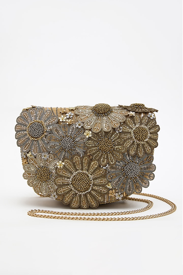 Vintage Gold Faux Suede Hand Embroidered Clutch by Doux Amour at Pernia's Pop Up Shop