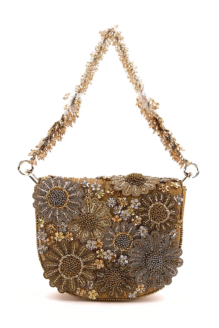 Vintage Gold Faux Suede Hand Embroidered Clutch by Doux Amour  at Pernia's Pop Up Shop