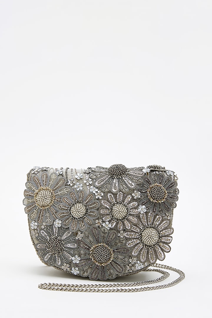 Silver Tissue Silk Crystal Hand Embroidered Clutch by Doux Amour at Pernia's Pop Up Shop