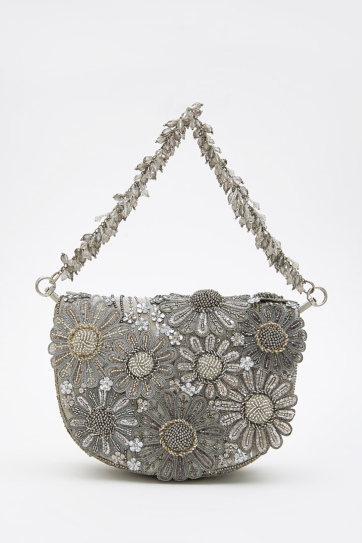 Silver Tissue Silk Crystal Hand Embroidered Clutch by Doux Amour at Pernia's Pop Up Shop