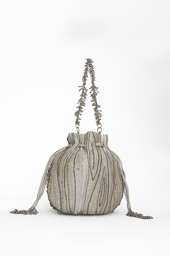Silver Tissue Silk Crystal Hand Embroidered Potli by Doux Amour at Pernia's Pop Up Shop