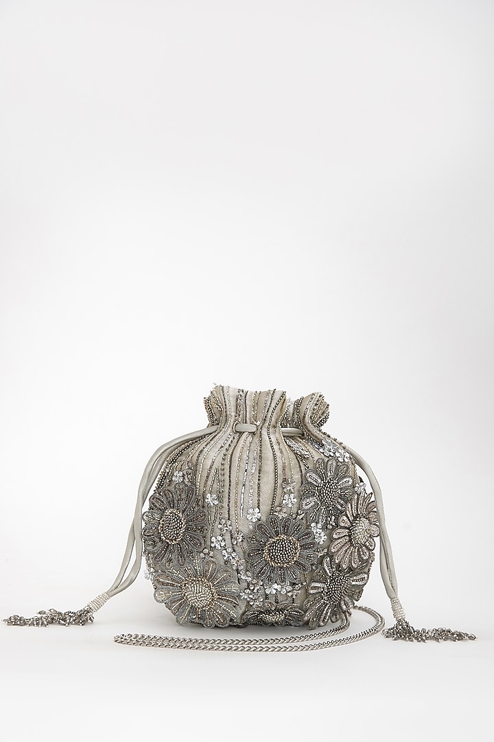 Silver Tissue Silk Crystal Hand Embroidered Potli by Doux Amour at Pernia's Pop Up Shop