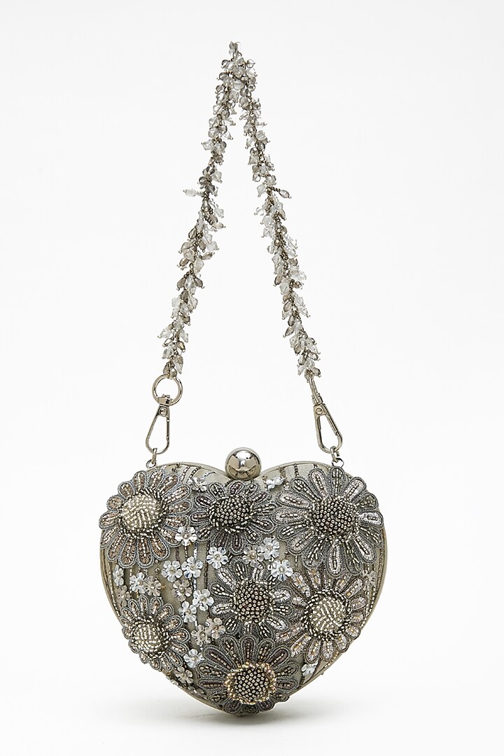 Silver Tissue Silk Crystal Hand Embroidered Clutch by Doux Amour at Pernia's Pop Up Shop