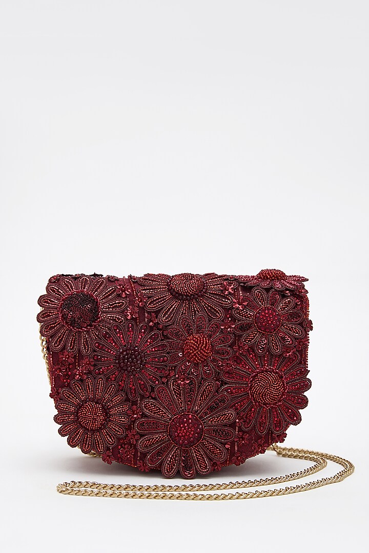 Red Faux Suede Crystal Hand Embroidered Clutch by Doux Amour at Pernia's Pop Up Shop