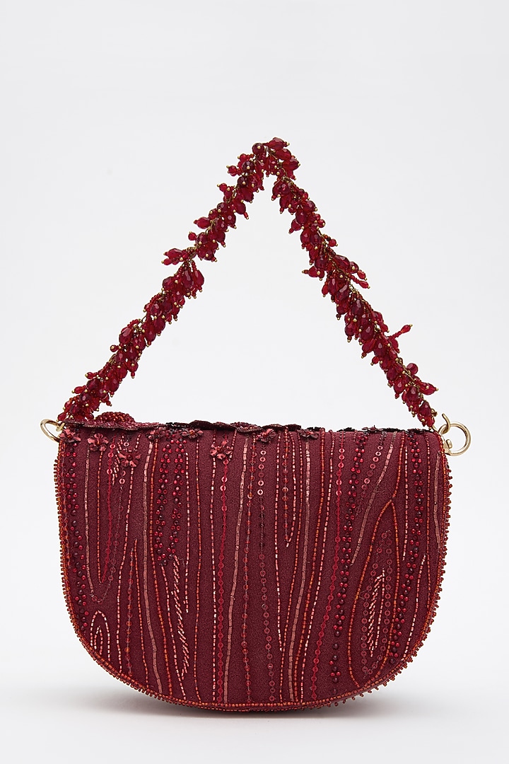 Red Faux Suede Crystal Hand Embroidered Clutch by Doux Amour at Pernia's Pop Up Shop