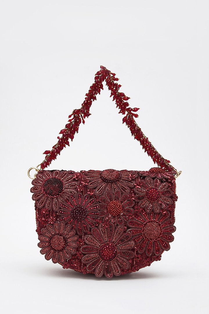 Red Faux Suede Crystal Hand Embroidered Clutch by Doux Amour at Pernia's Pop Up Shop