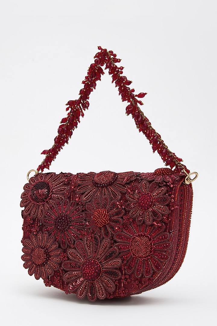 Red Faux Suede Crystal Hand Embroidered Clutch by Doux Amour at Pernia's Pop Up Shop