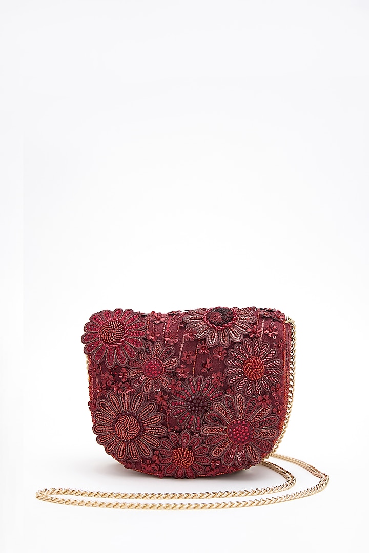 Red Faux Suede Crystal Hand Embroidered Mini Clutch by Doux Amour at Pernia's Pop Up Shop