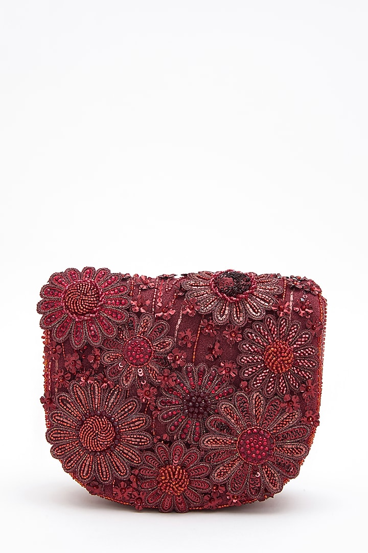 Red Faux Suede Crystal Hand Embroidered Mini Clutch by Doux Amour at Pernia's Pop Up Shop