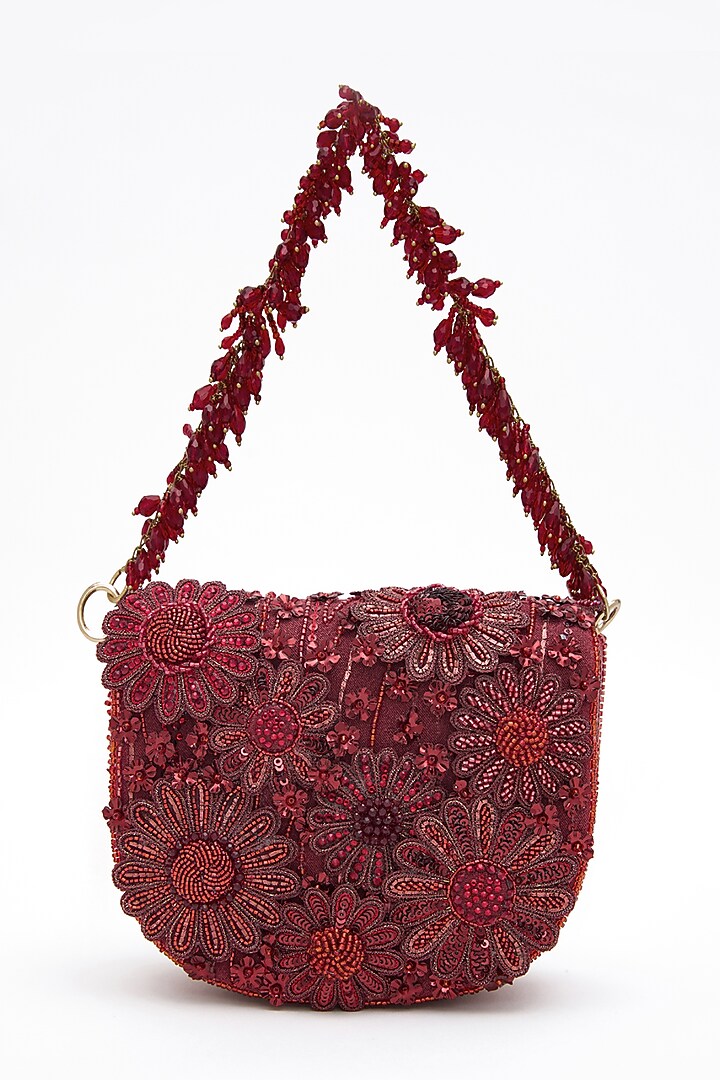 Red Faux Suede Crystal Hand Embroidered Mini Clutch by Doux Amour at Pernia's Pop Up Shop