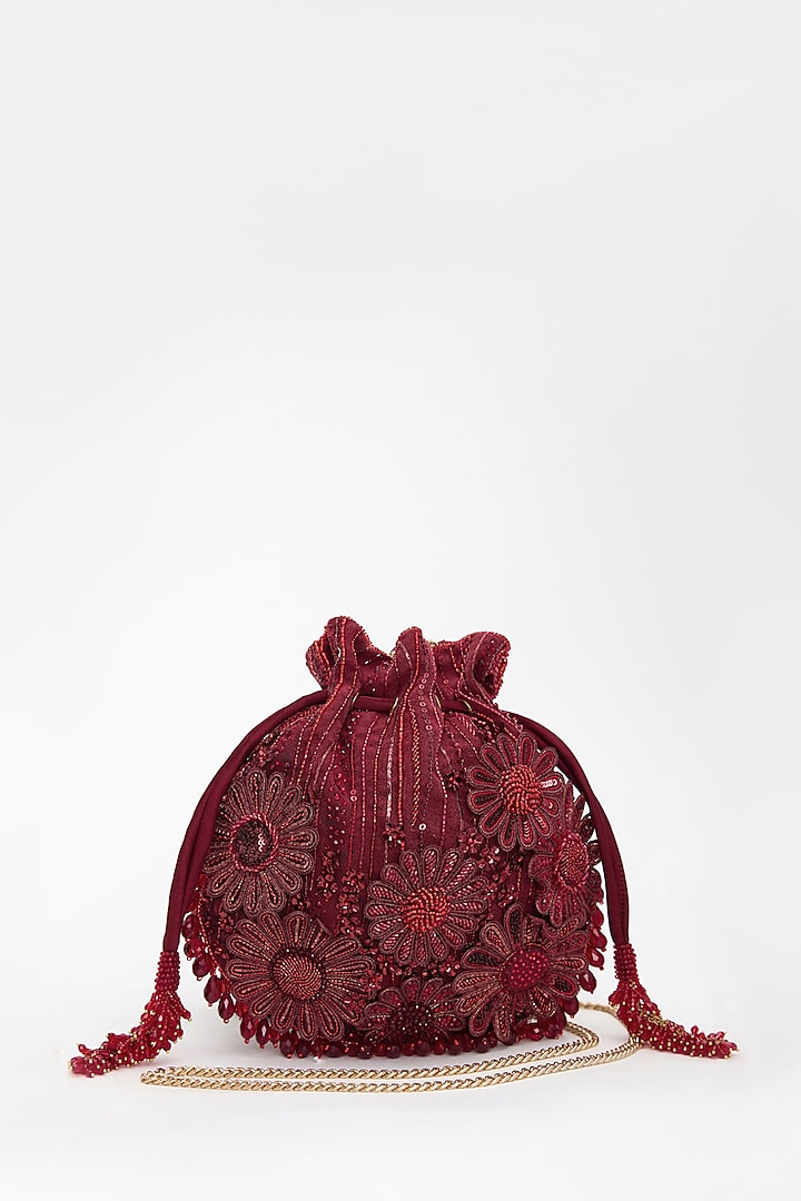 Red Faux Suede Crystal Hand Embroidered Potli by Doux Amour at Pernia's Pop Up Shop