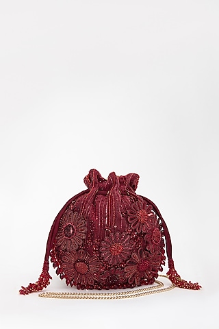 Red Faux Suede Crystal Hand Embroidered Potli by Doux Amour