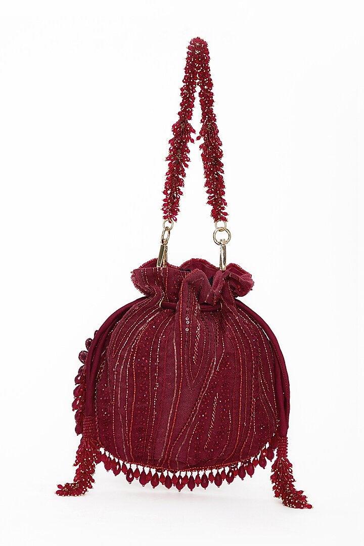 Red Faux Suede Crystal Hand Embroidered Potli by Doux Amour at Pernia's Pop Up Shop