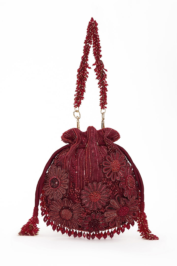 Red Faux Suede Crystal Hand Embroidered Potli by Doux Amour at Pernia's Pop Up Shop