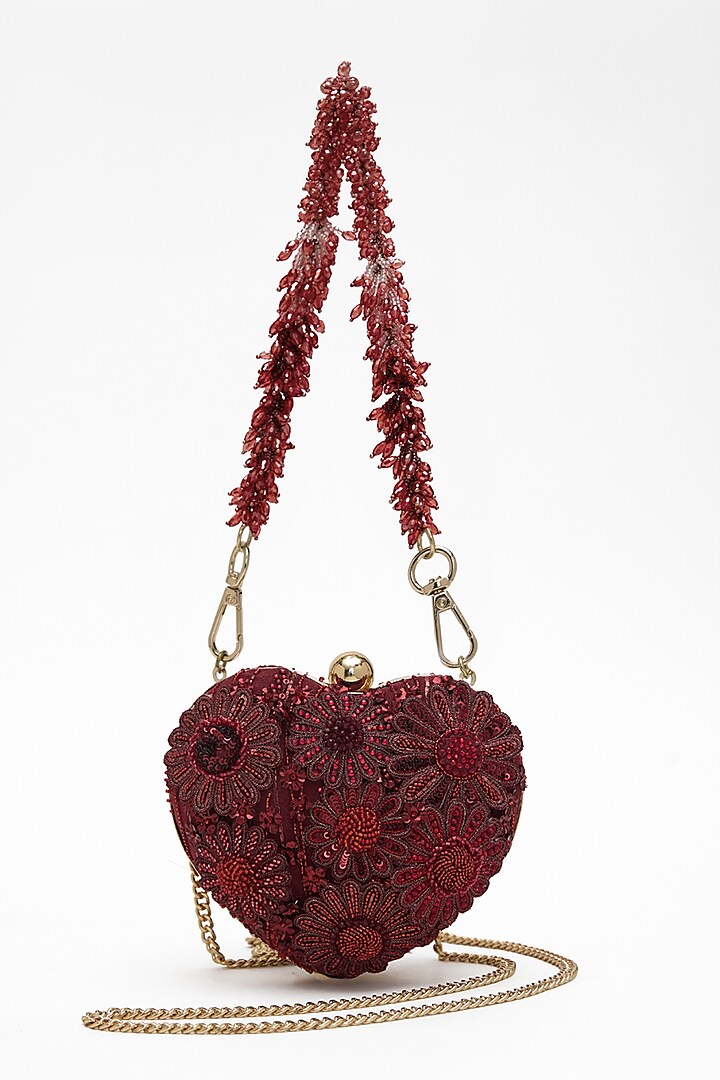 Red Faux Suede Crystal Hand Embroidered Clutch by Doux Amour at Pernia's Pop Up Shop