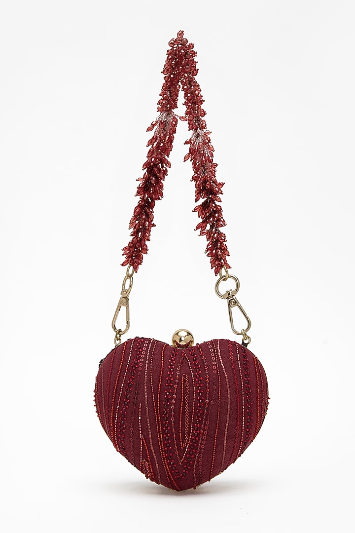 Red Faux Suede Crystal Hand Embroidered Clutch by Doux Amour at Pernia's Pop Up Shop