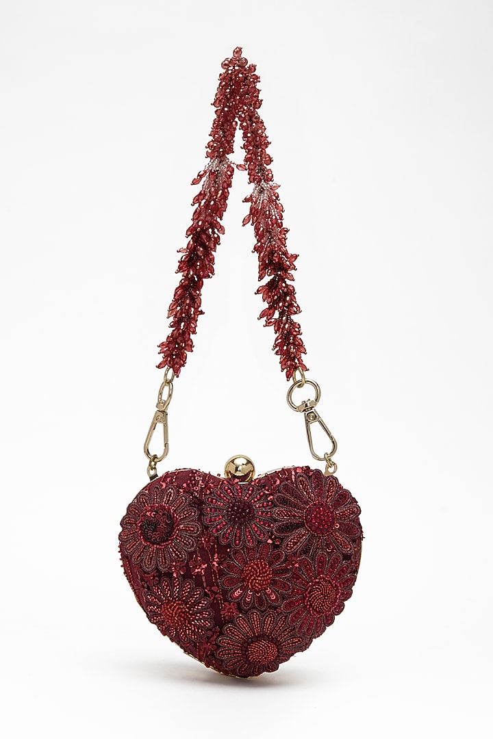 Red Faux Suede Crystal Hand Embroidered Clutch by Doux Amour at Pernia's Pop Up Shop
