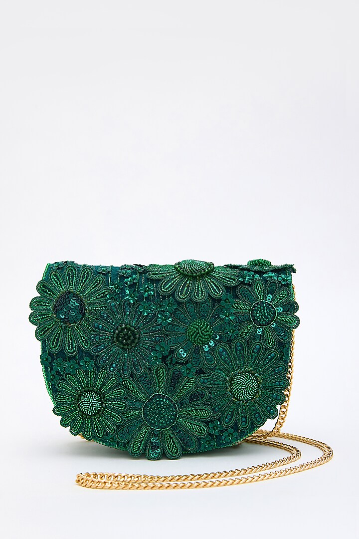 Emerald Faux Suede Crystal Hand Embroidered Clutch by Doux Amour at Pernia's Pop Up Shop