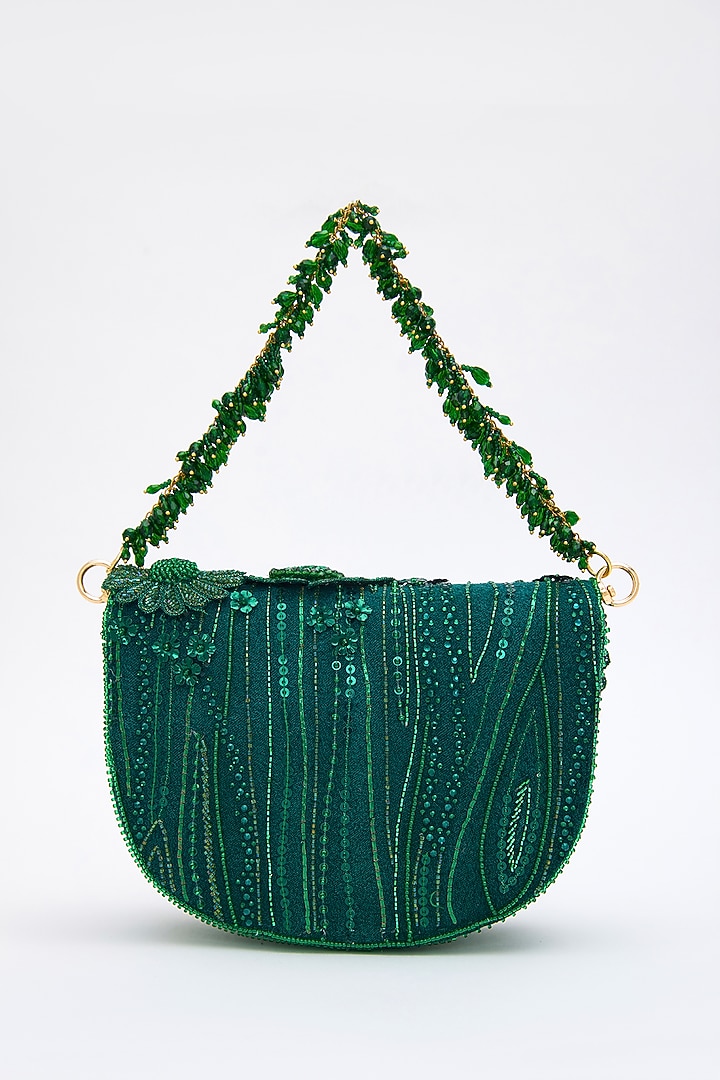 Emerald Faux Suede Crystal Hand Embroidered Clutch by Doux Amour at Pernia's Pop Up Shop
