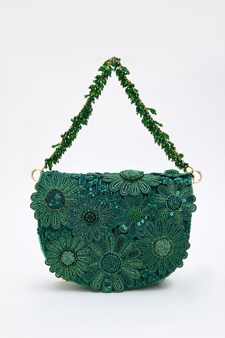 Emerald Faux Suede Crystal Hand Embroidered Clutch by Doux Amour at Pernia's Pop Up Shop