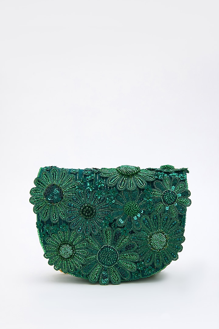 Emerald Faux Suede Crystal Hand Embroidered Clutch by Doux Amour at Pernia's Pop Up Shop
