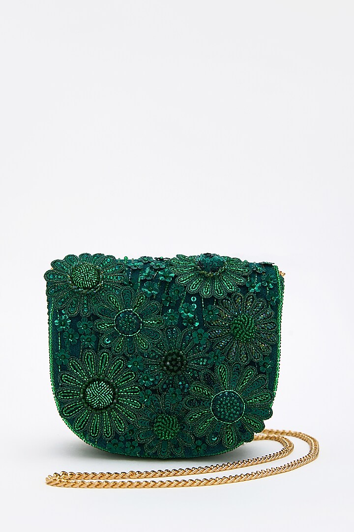 Emerald Faux Suede Crystal Hand Embroidered Mini Clutch by Doux Amour at Pernia's Pop Up Shop