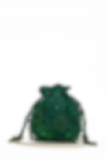 Emerald Faux Suede Crystal Hand Embroidered Potli by Doux Amour at Pernia's Pop Up Shop