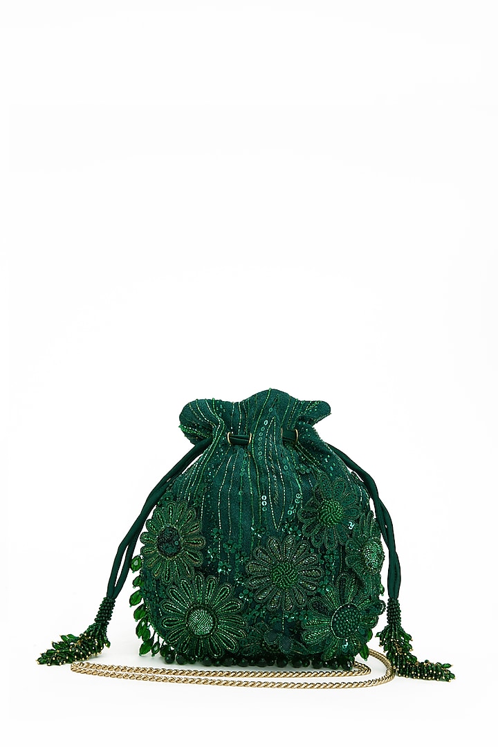 Emerald Faux Suede Crystal Hand Embroidered Potli by Doux Amour at Pernia's Pop Up Shop