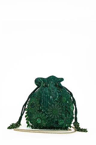 Emerald Faux Suede Crystal Hand Embroidered Potli by Doux Amour
