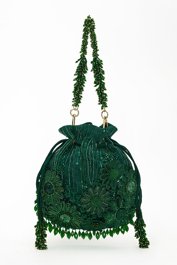 Emerald Faux Suede Crystal Hand Embroidered Potli by Doux Amour at Pernia's Pop Up Shop