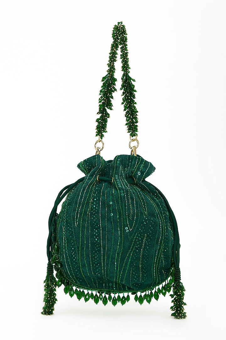 Emerald Faux Suede Crystal Hand Embroidered Potli by Doux Amour at Pernia's Pop Up Shop